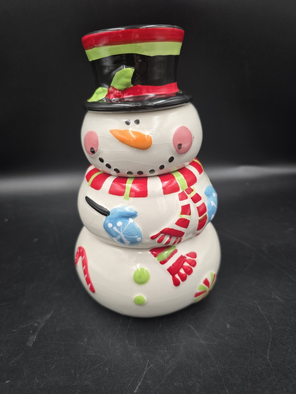 Pier 1 Colorful Ceramic Snowman with Red, Green, Blue and Orange Accents